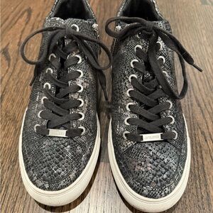 J/SLIDES Black and Gray Snake Print Sneakers